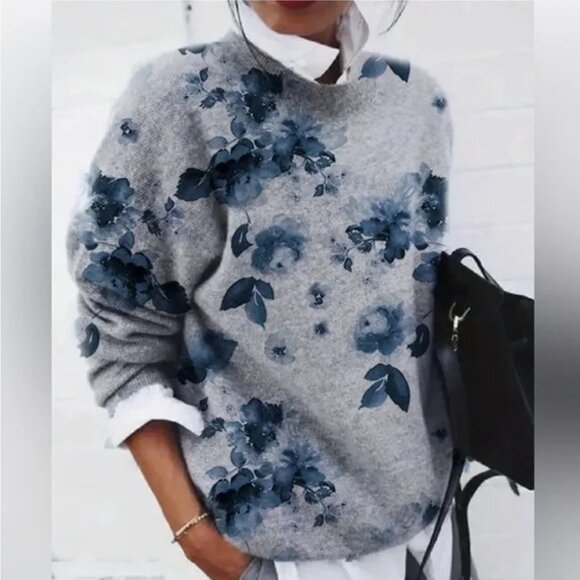 Cynthia Rowley gray with navy florals crew neck sweater size M - Picture 13 of 13